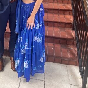 Royal blue floral lehenga skirt with matching scarf